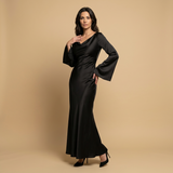 Vestido Largo Satén Manga Ángel Escote Cowl Corte Bias Mujer
