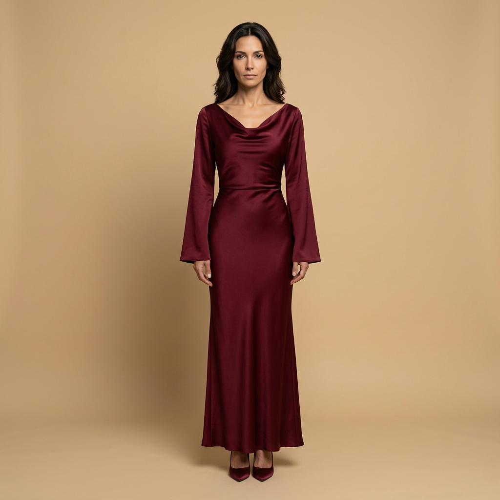 Vestido Largo Satén Manga Ángel Escote Cowl Corte Bias Mujer