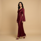 Vestido Largo Satén Manga Ángel Escote Cowl Corte Bias Mujer