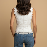 Chaleco Corset Cuero Sintético Encaje Guipur Botones Metálicos Mujer