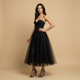 Vestido Midi Bustier Corset Falda Tul Volumen Bicolor Mujer