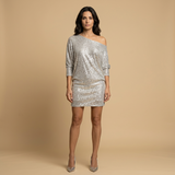 Vestido Mini Lentejuelas Un Hombro Manga Dolman Asimétrico Mujer