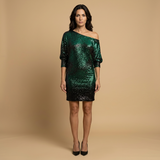 Vestido Mini Lentejuelas Un Hombro Manga Dolman Asimétrico Mujer