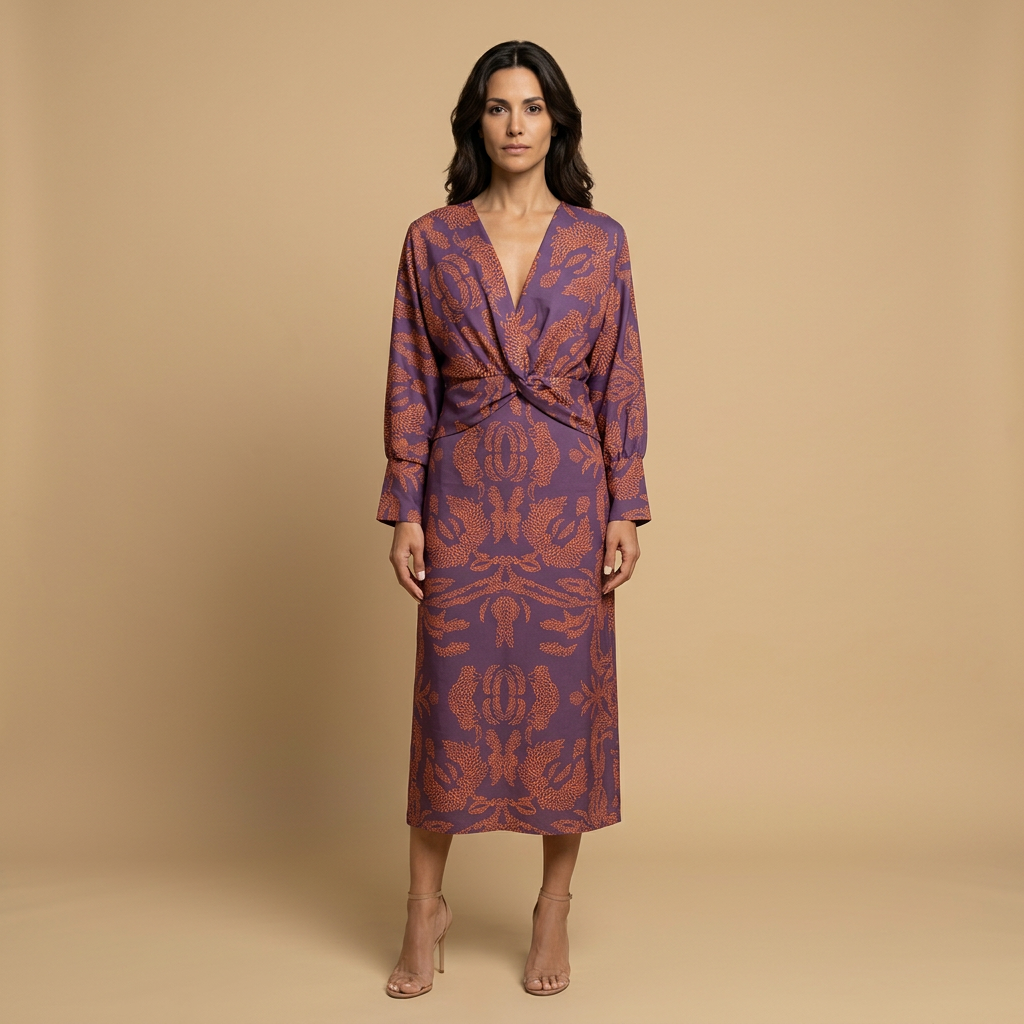 Vestido Midi Satén Nudo Frontal Estampado Damasco Manga Larga Mujer