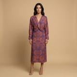 Vestido Midi Satén Nudo Frontal Estampado Damasco Manga Larga Mujer