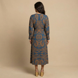 Vestido Midi Satén Nudo Frontal Estampado Damasco Manga Larga Mujer