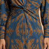 Vestido Midi Satén Nudo Frontal Estampado Damasco Manga Larga Mujer