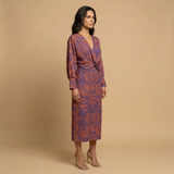 Vestido Midi Satén Nudo Frontal Estampado Damasco Manga Larga Mujer