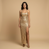 Vestido Largo Halter Lentejuelas Bodycon Abertura Frontal Mujer