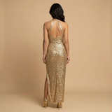 Vestido Largo Halter Lentejuelas Bodycon Abertura Frontal Mujer