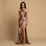 Vestido Largo Satén Halter Drapeado Twisted Abertura Alta Mujer