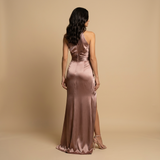 Vestido Largo Satén Halter Drapeado Twisted Abertura Alta Mujer