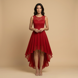 Vestido Midi de Fiesta Encaje y Chifón Asimétrico
