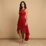 Vestido Midi de Fiesta Encaje y Chifón Asimétrico