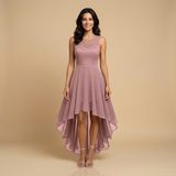 Vestido Midi de Fiesta Encaje y Chifón Asimétrico