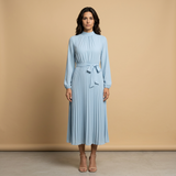 Vestido Midi Plisado Cuello Alto Manga Larga