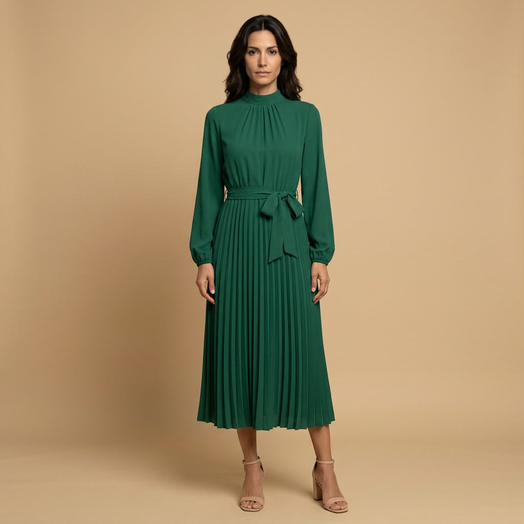 Vestido Midi Plisado Cuello Alto Manga Larga