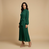 Vestido Midi Plisado Cuello Alto Manga Larga