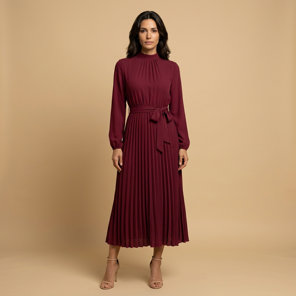 Vestido Midi Plisado Cuello Alto Manga Larga