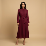 Vestido Midi Plisado Cuello Alto Manga Larga