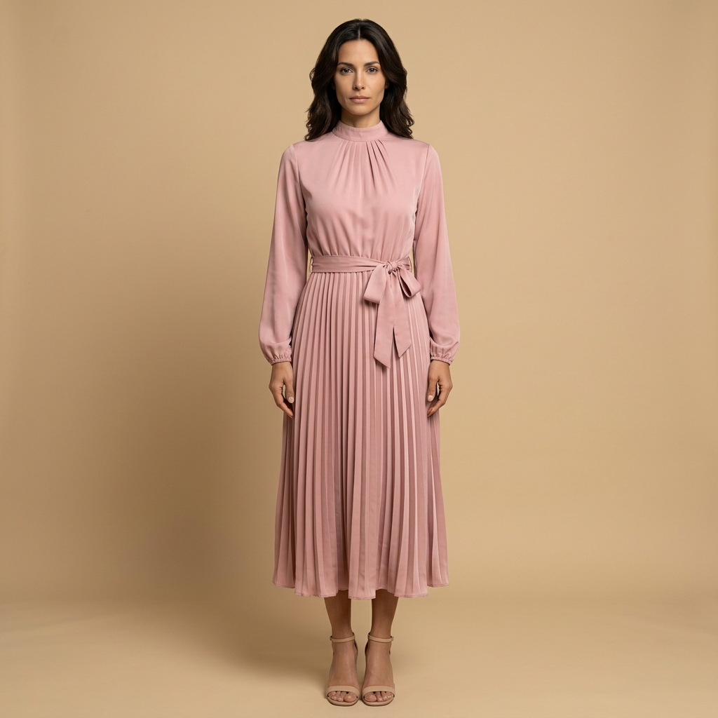 Vestido Midi Plisado Cuello Alto Manga Larga