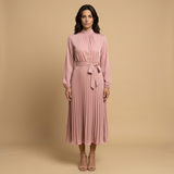 Vestido Midi Plisado Cuello Alto Manga Larga