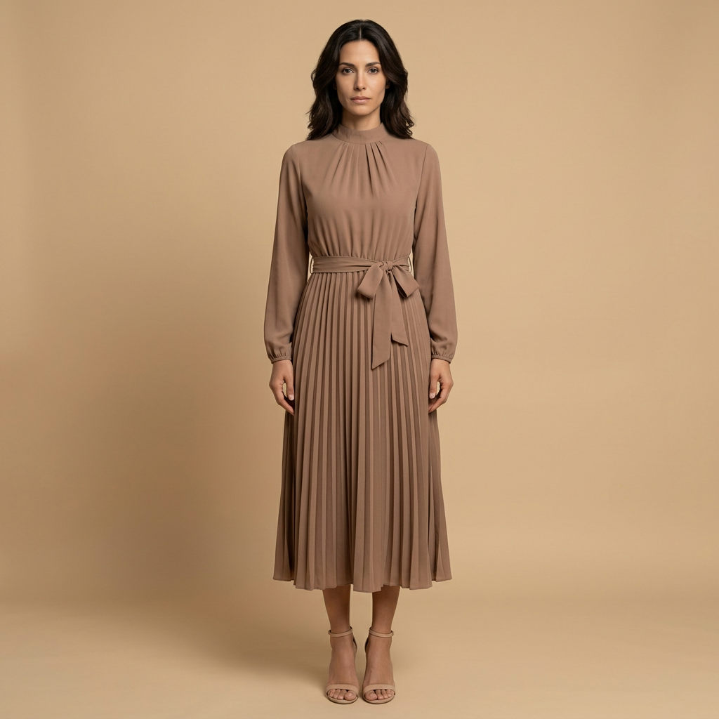 Vestido Midi Plisado Cuello Alto Manga Larga