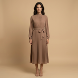 Vestido Midi Plisado Cuello Alto Manga Larga