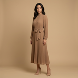 Vestido Midi Plisado Cuello Alto Manga Larga