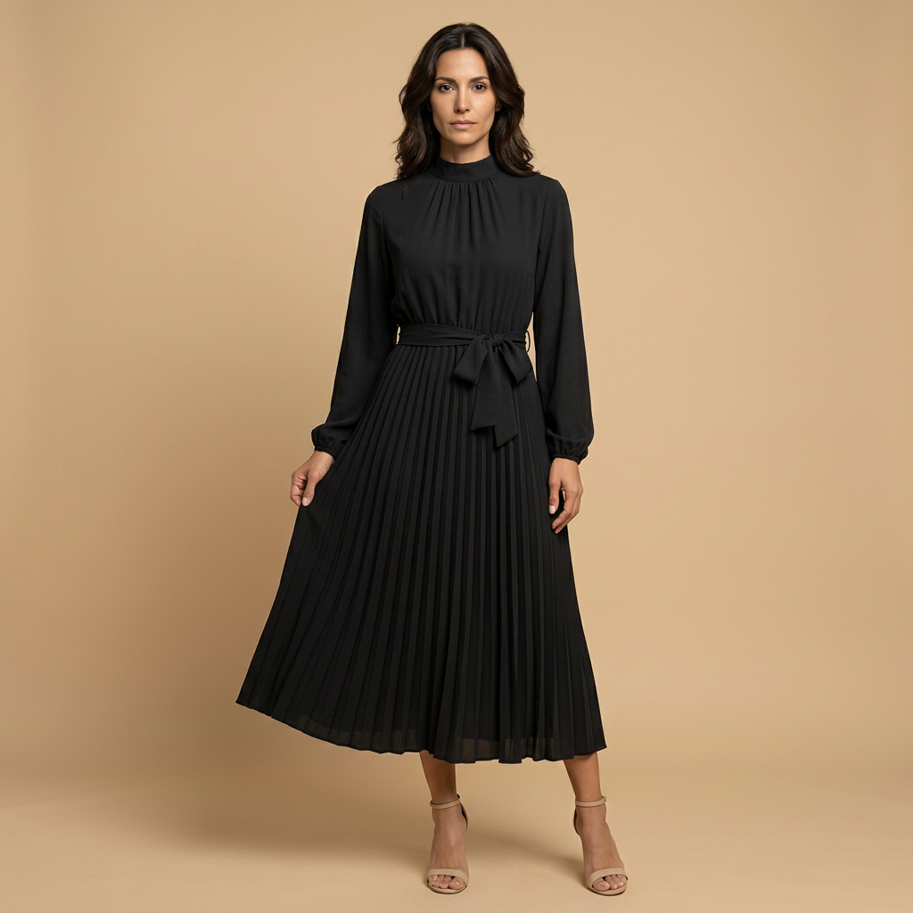 Vestido Midi Plisado Cuello Alto Manga Larga