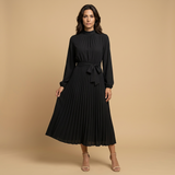 Vestido Midi Plisado Cuello Alto Manga Larga