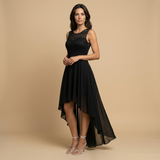 Vestido Midi de Fiesta Encaje y Chifón Asimétrico
