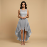 Vestido Midi de Fiesta Encaje y Chifón Asimétrico