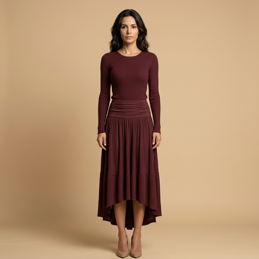 Vestido Largo Punto Acanalado Falda Plisada Asimétrica