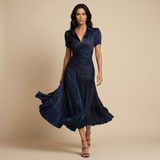 Vestido Midi Satén Plisado Rayas Manga Abullonada