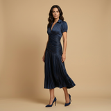 Vestido Midi Satén Plisado Rayas Manga Abullonada