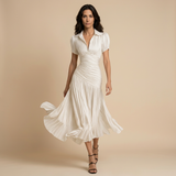 Vestido Midi Satén Plisado Rayas Manga Abullonada
