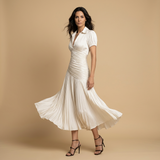Vestido Midi Satén Plisado Rayas Manga Abullonada