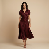 Vestido Midi Satén Plisado Rayas Manga Abullonada