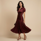 Vestido Midi Satén Plisado Rayas Manga Abullonada