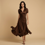 Vestido Midi Satén Plisado Rayas Manga Abullonada