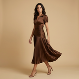 Vestido Midi Satén Plisado Rayas Manga Abullonada