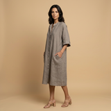Vestido Midi Lino Camisero Bolsillos Manga Tres Cuartos