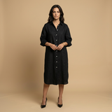 Vestido Midi Lino Camisero Bolsillos Manga Tres Cuartos
