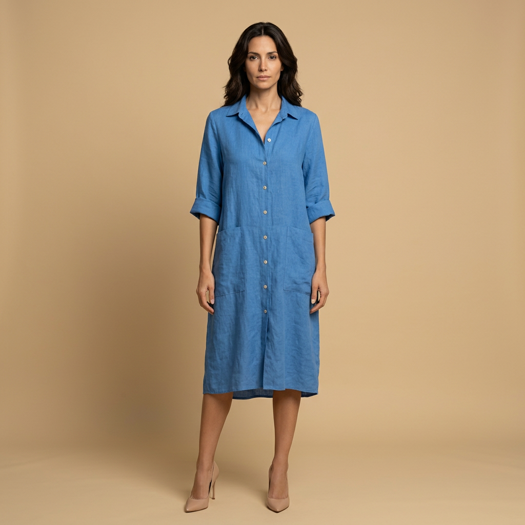 Vestido Midi Lino Camisero Bolsillos Manga Tres Cuartos