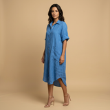 Vestido Midi Lino Camisero Bolsillos Manga Tres Cuartos