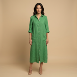 Vestido Midi Lino Camisero Bolsillos Manga Tres Cuartos