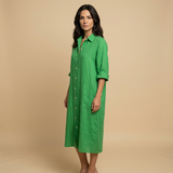Vestido Midi Lino Camisero Bolsillos Manga Tres Cuartos