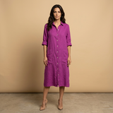 Vestido Midi Lino Camisero Bolsillos Manga Tres Cuartos