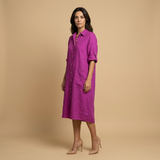 Vestido Midi Lino Camisero Bolsillos Manga Tres Cuartos